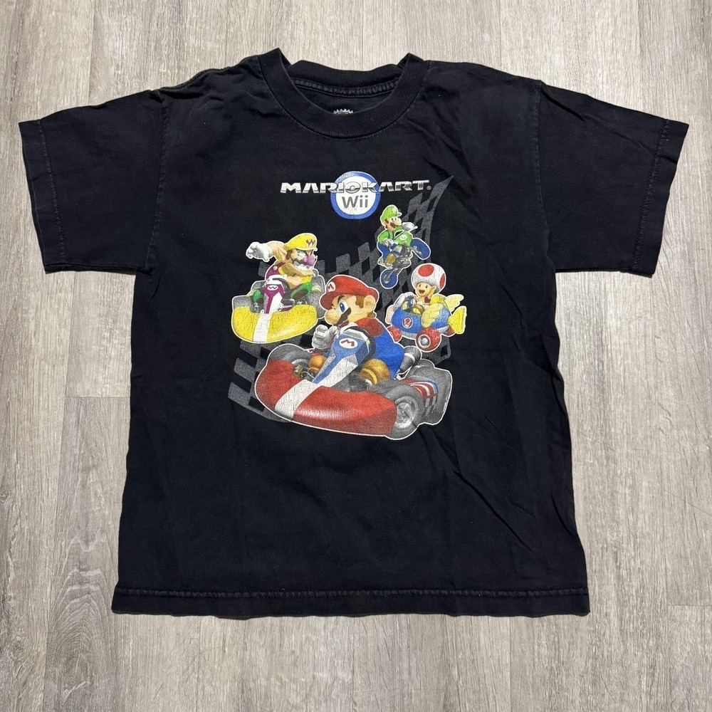 Nintendo Mario Kart Wii Shirt Boys 10-12 Black Racing Graphic Tee Short Sleeve